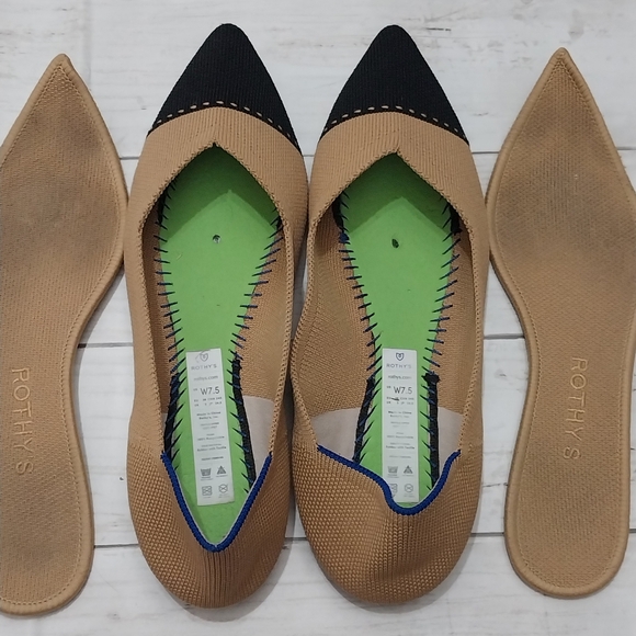 Rothy's Two-Tone Pointed Toe Flats Womens 7.5 Beige Black Slip On Loafer Shoe - Picture 5 of 6